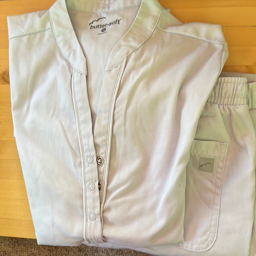 Better soft, small scrubs, like a very very light blue with a V-neck buttons 30